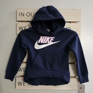 Nike Girls Navy Blue Pink Swoosh Hooded Pull Over Sweatshirt Size 5-S ‎ NEW